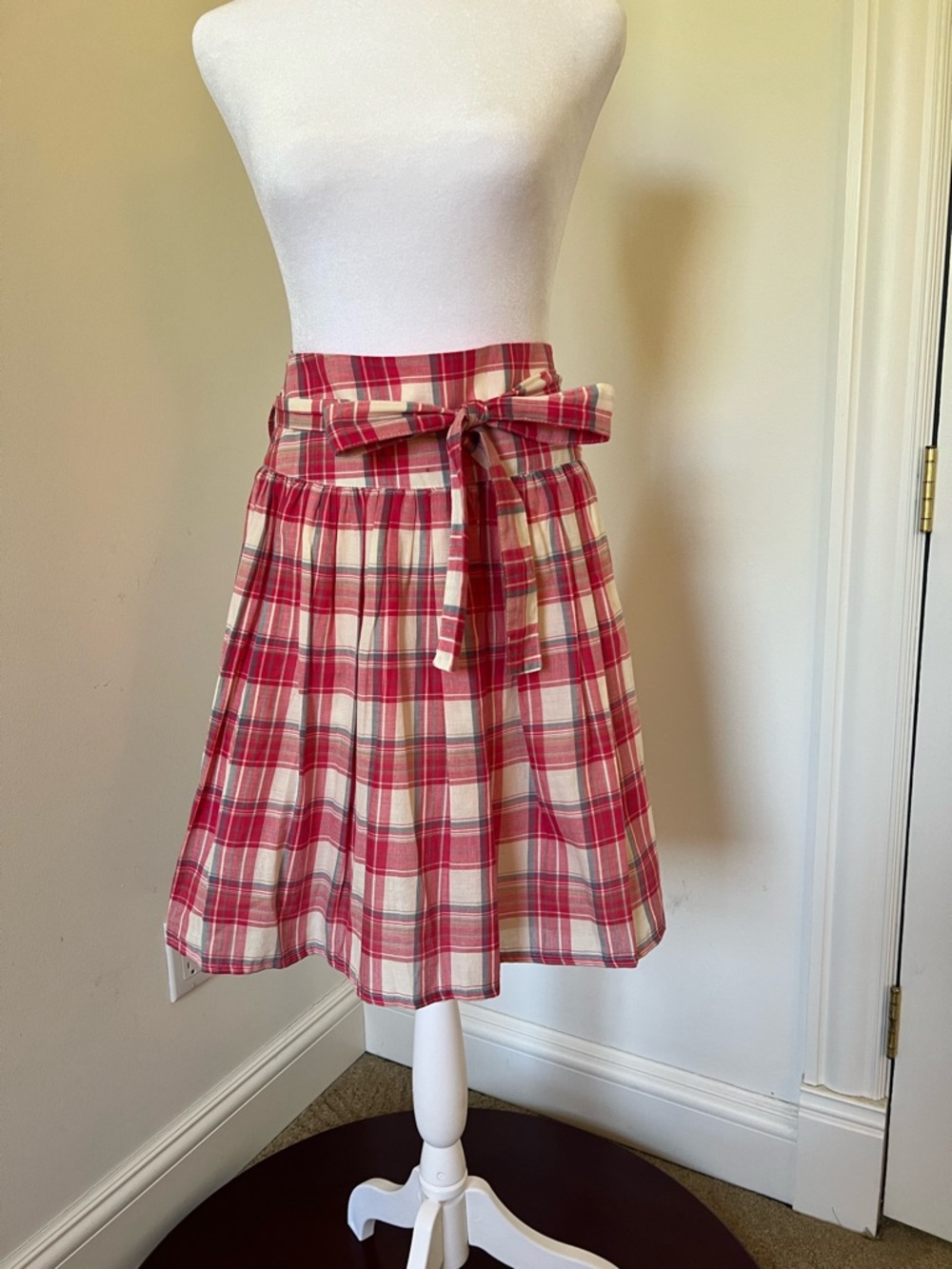 Red and Cream Plaid Tie-Waist Circle Skirt